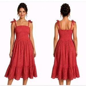 Jessica Simpson Dress Womens S  Eyelet Smock Sundress Coral Boho Summer Festival